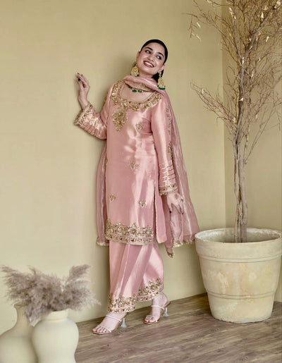 Blush Pink Natural Silk Plazzo Suit Set for Women | Embroidered Elegance