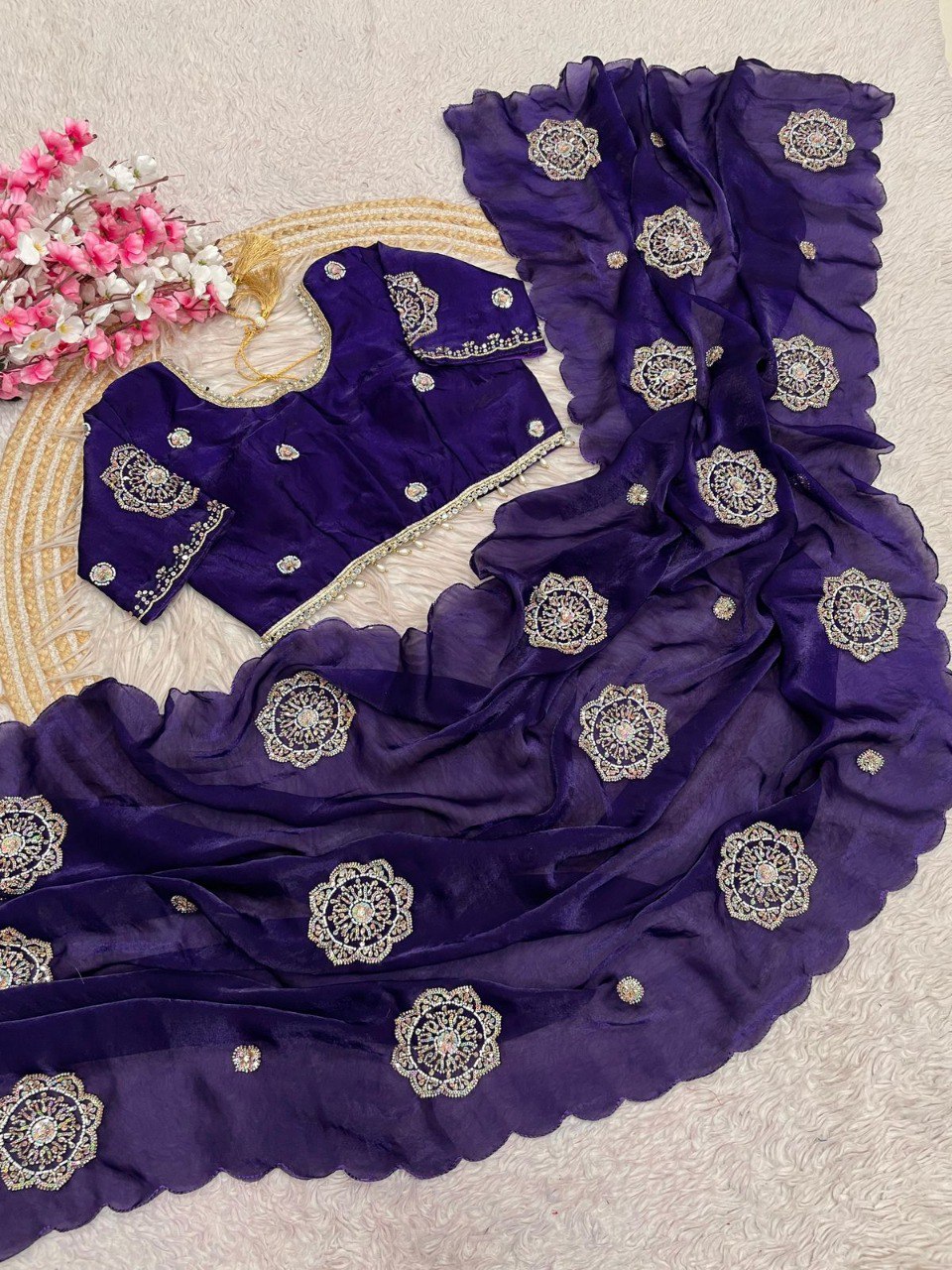 TRENDBUY Royal Purple Fandy Satin Saree with Khatli Work Blouse