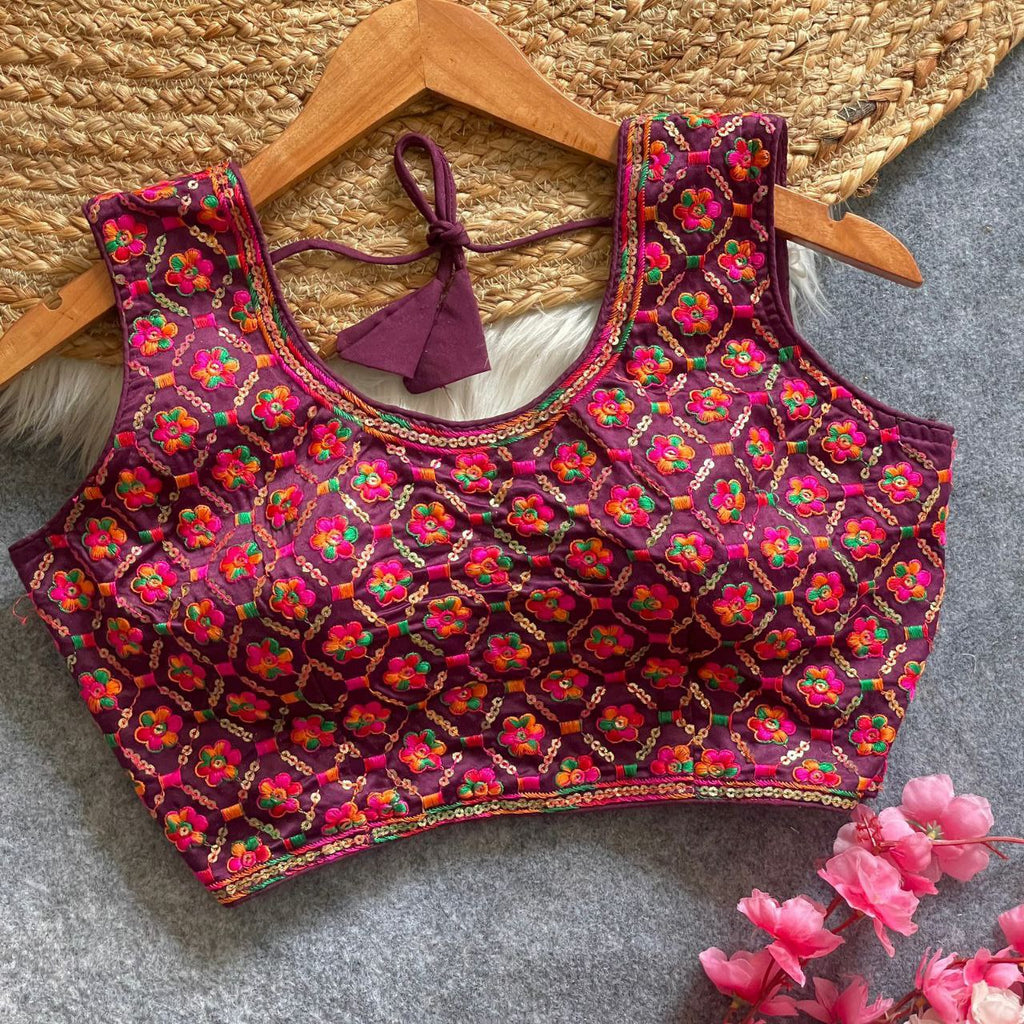 TRENDBUY Heavy Embroidered Raw Silk Blouse in Plum - Front View