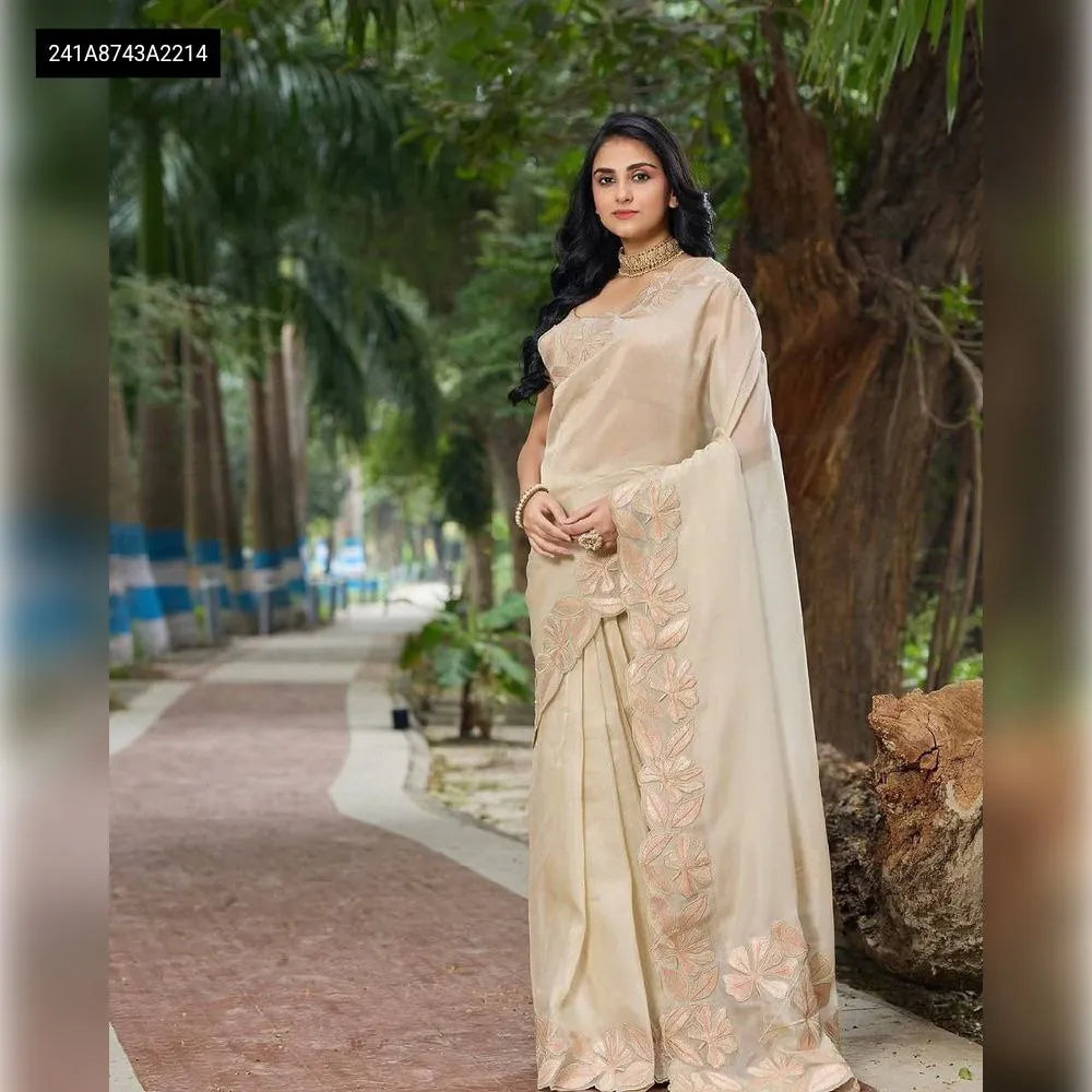 Full length view of model standing gracefully in Bright Organza Silk Saree with embroidered border