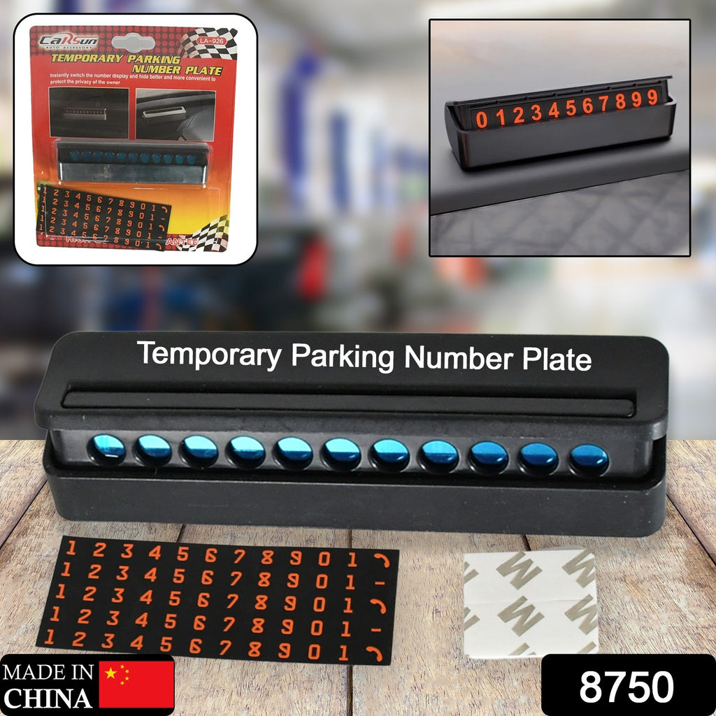 Black temporary car parking mobile number display with white magnetic numbers