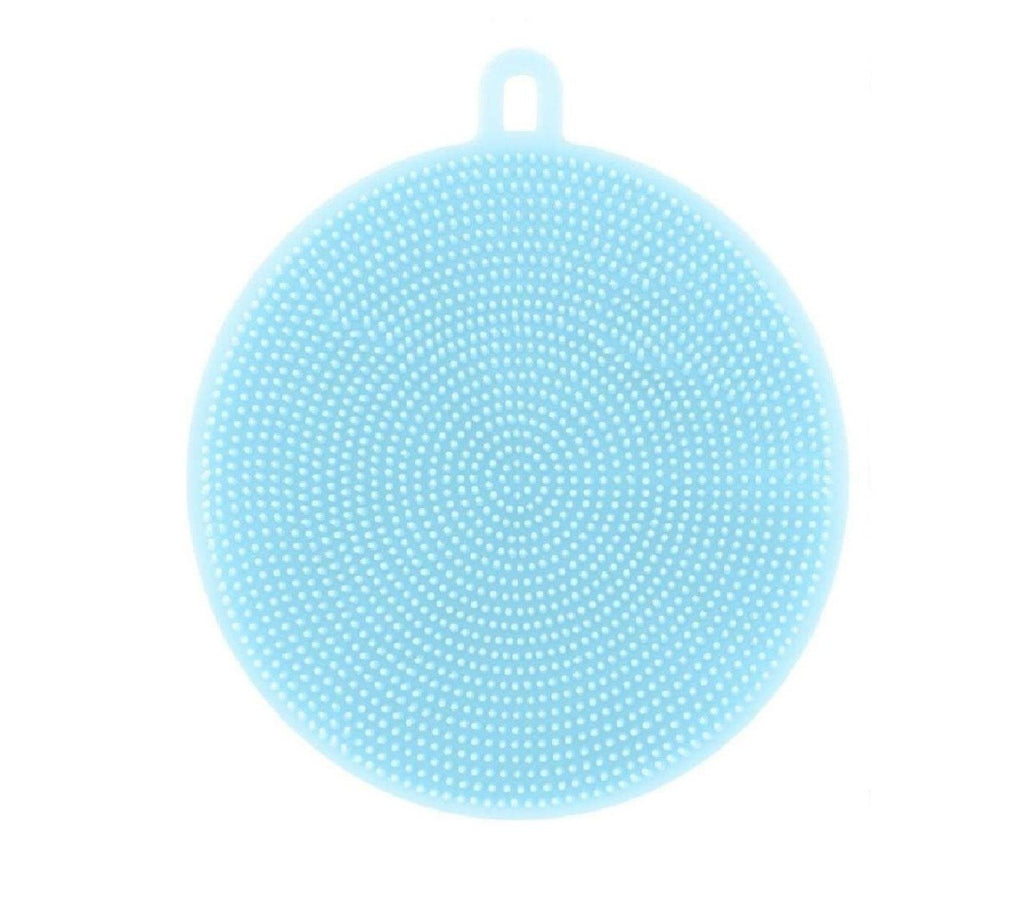 Hand holding a blue silicone dish scrubber sponge, mildew-free, non-stick, and heat-resistant