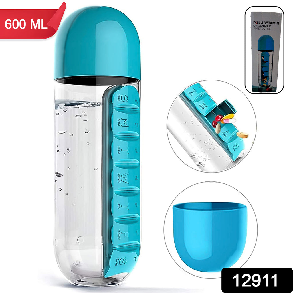 Multi-functional 600ml water bottle with integrated colorful pill organizer, perfect for travel & outdoor use.