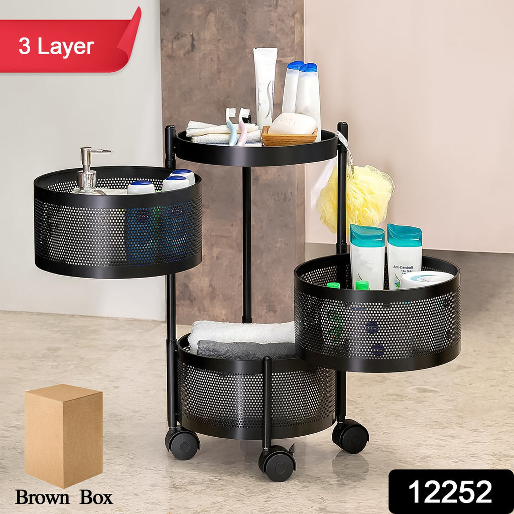 High-quality black metal round 3-tier kitchen trolley with wheels