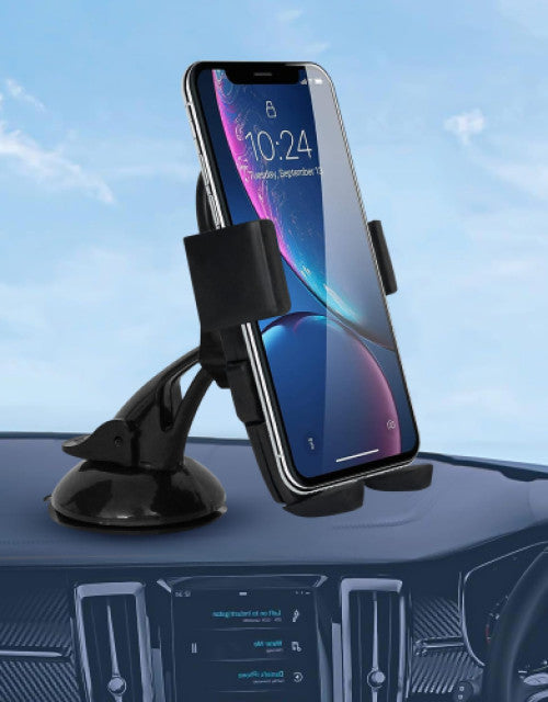 Black anti-slip car mobile holder securely holding a smartphone on a dashboard.