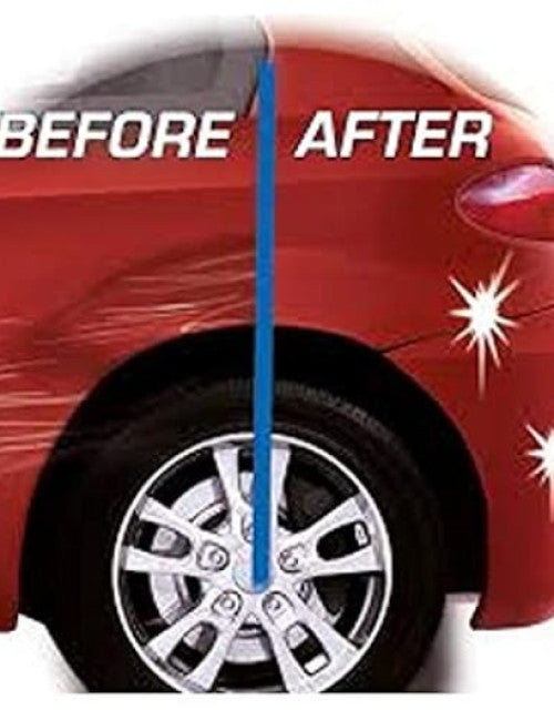 Applying car scratch remover to repair a scratch on a black car