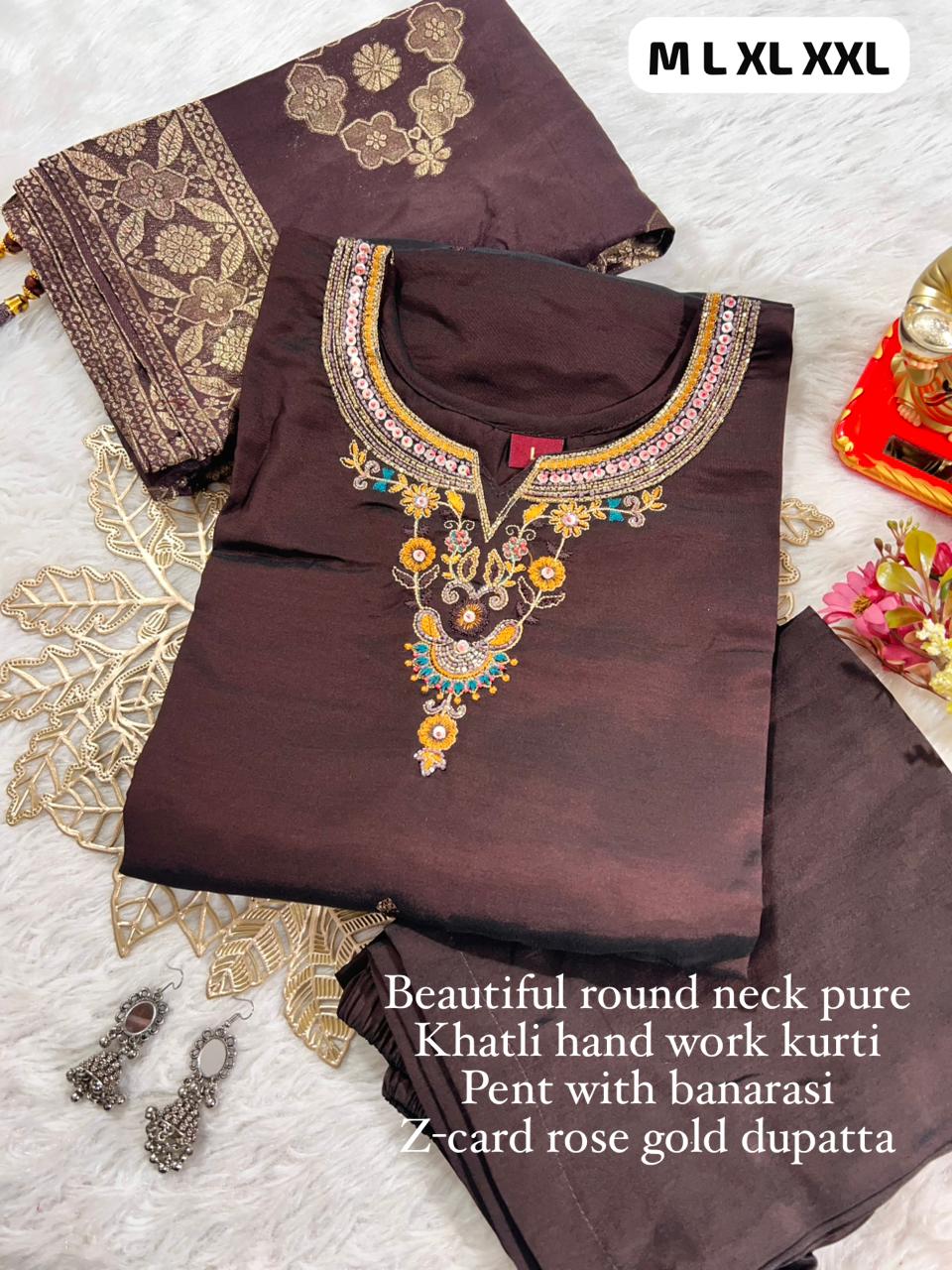 TRENDBUY Cashmere Silk Kurti Pant Set in Cocoa Brown with embroidery and Z-Card dupatta, flat lay