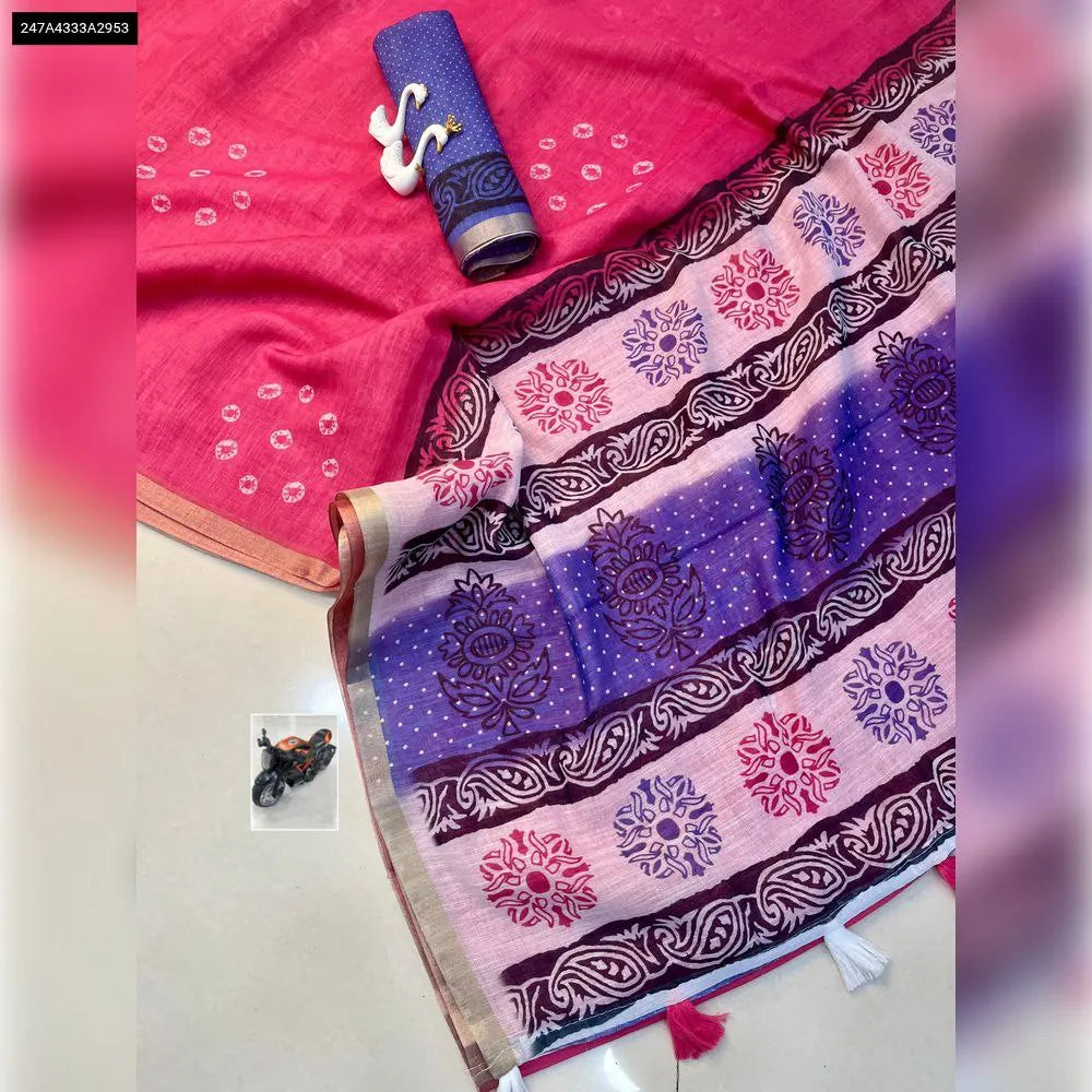 TRENDBUY Fuchsia Pink Chanderi Cotton Bandhani Saree with Hand Block Print Pallu and Contrast Blouse Piece