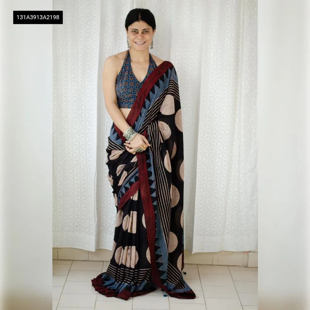 Model wearing black and grey chanderi cotton digital print saree with halter neck blouse, front view, TRENDBUY