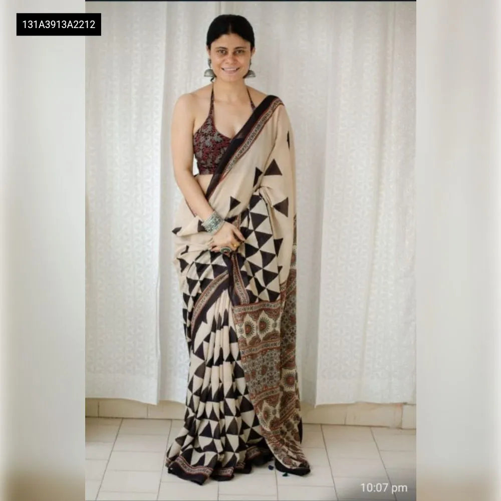 Model in Cream Chanderi Cotton Digital Print Saree, full body, front view.