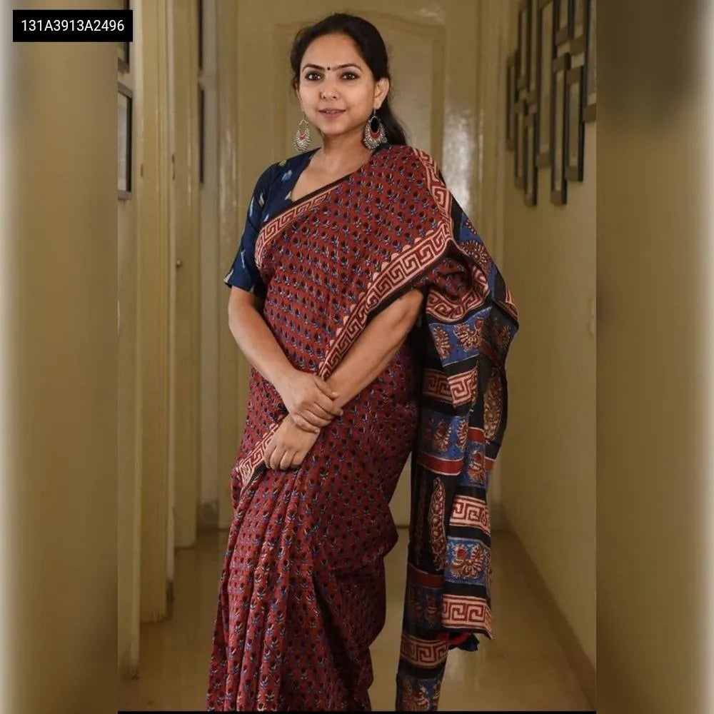 TRENDBUY Chanderi Cotton Digital Print Saree in Maroon