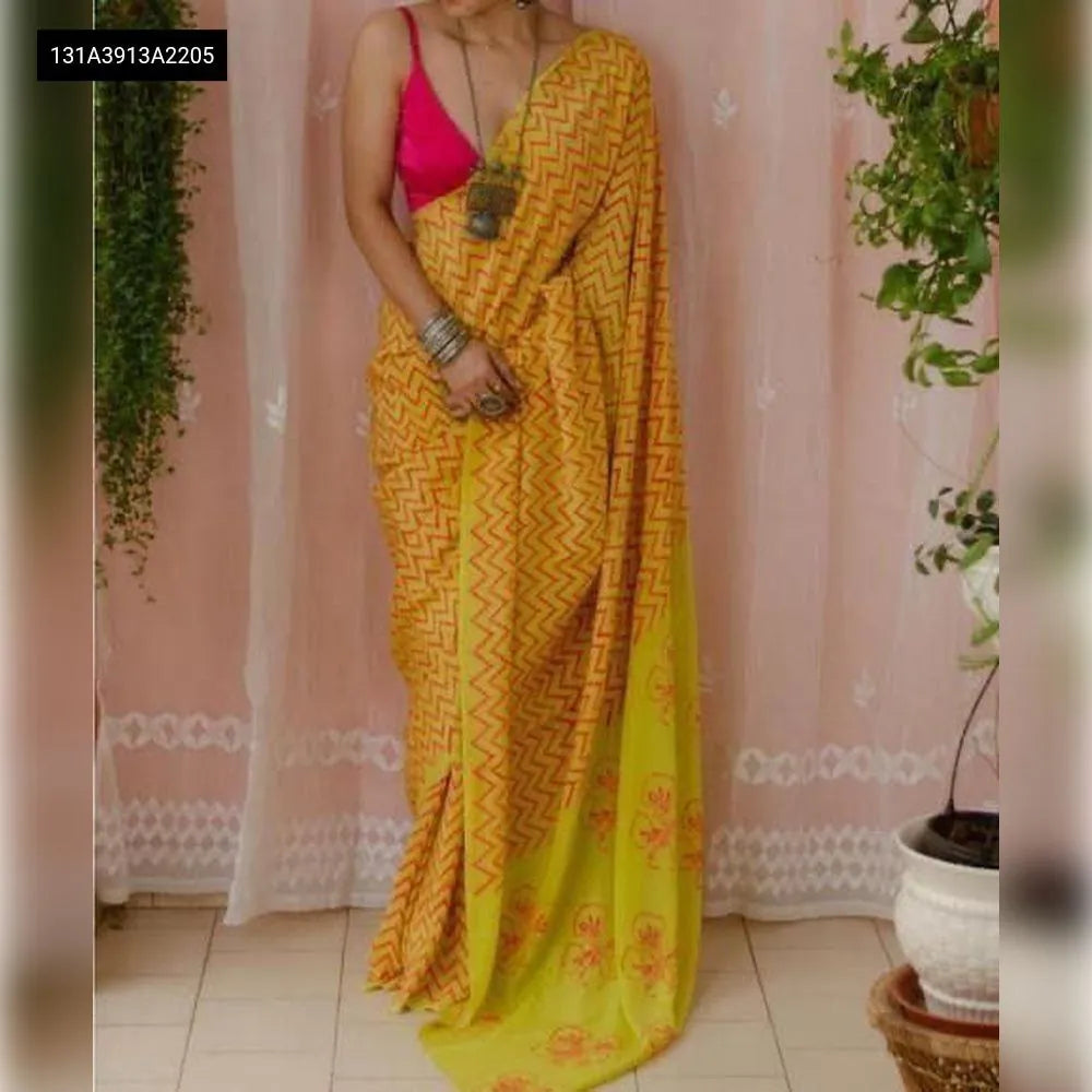 TRENDBUY Marigold Yellow Geometric Chanderi Cotton Digital Print Saree with Pink Blouse for Women