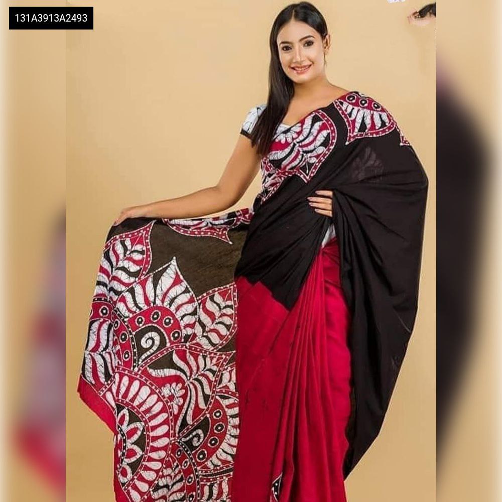 Model in black and red chanderi cotton digital print saree with a matching blouse.