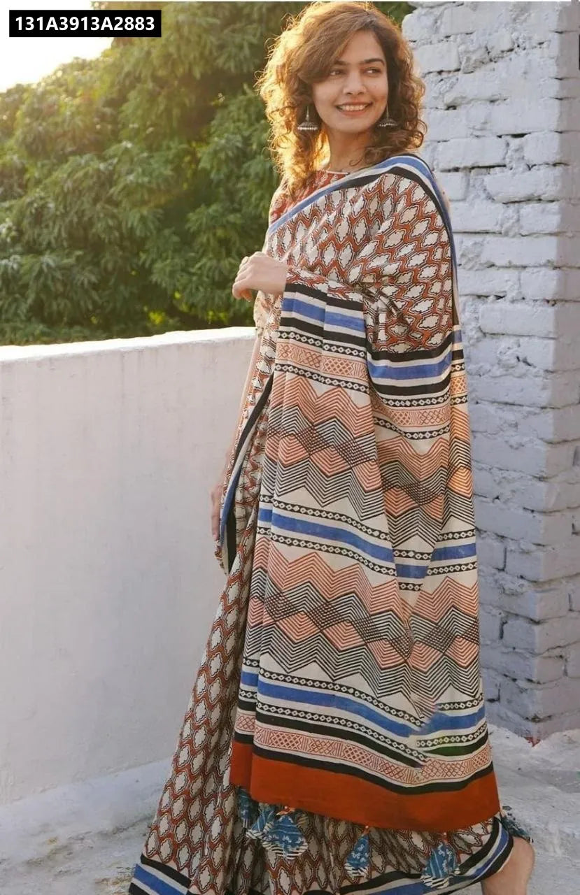 Model wearing Terracotta & Blue geometric digital print Chanderi Cotton Saree by TRENDBUY