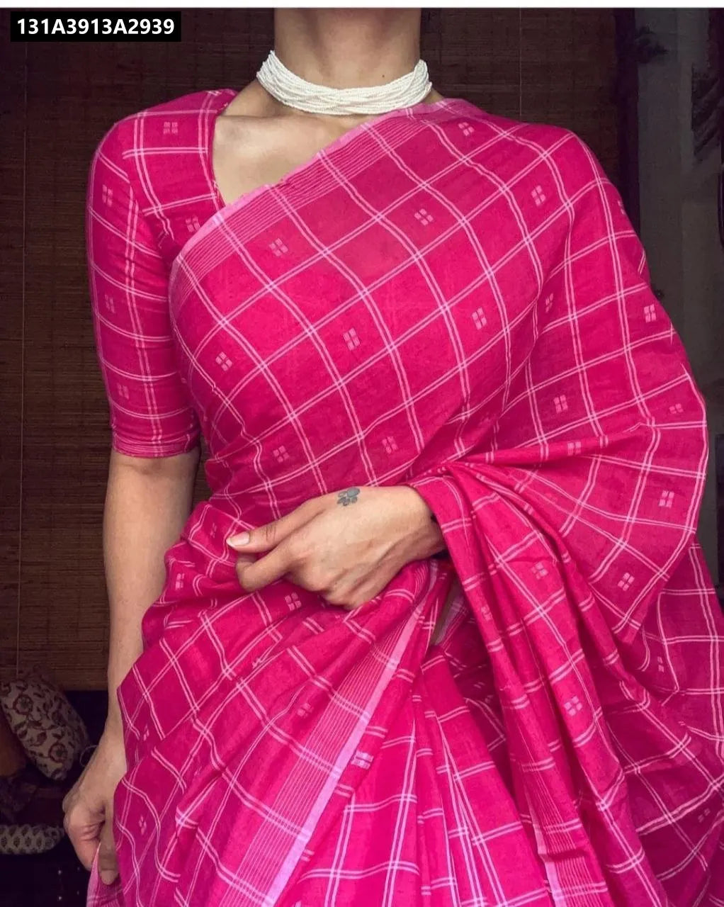 TRENDBUY Pink Chanderi Cotton Saree with Digital Print Blouse