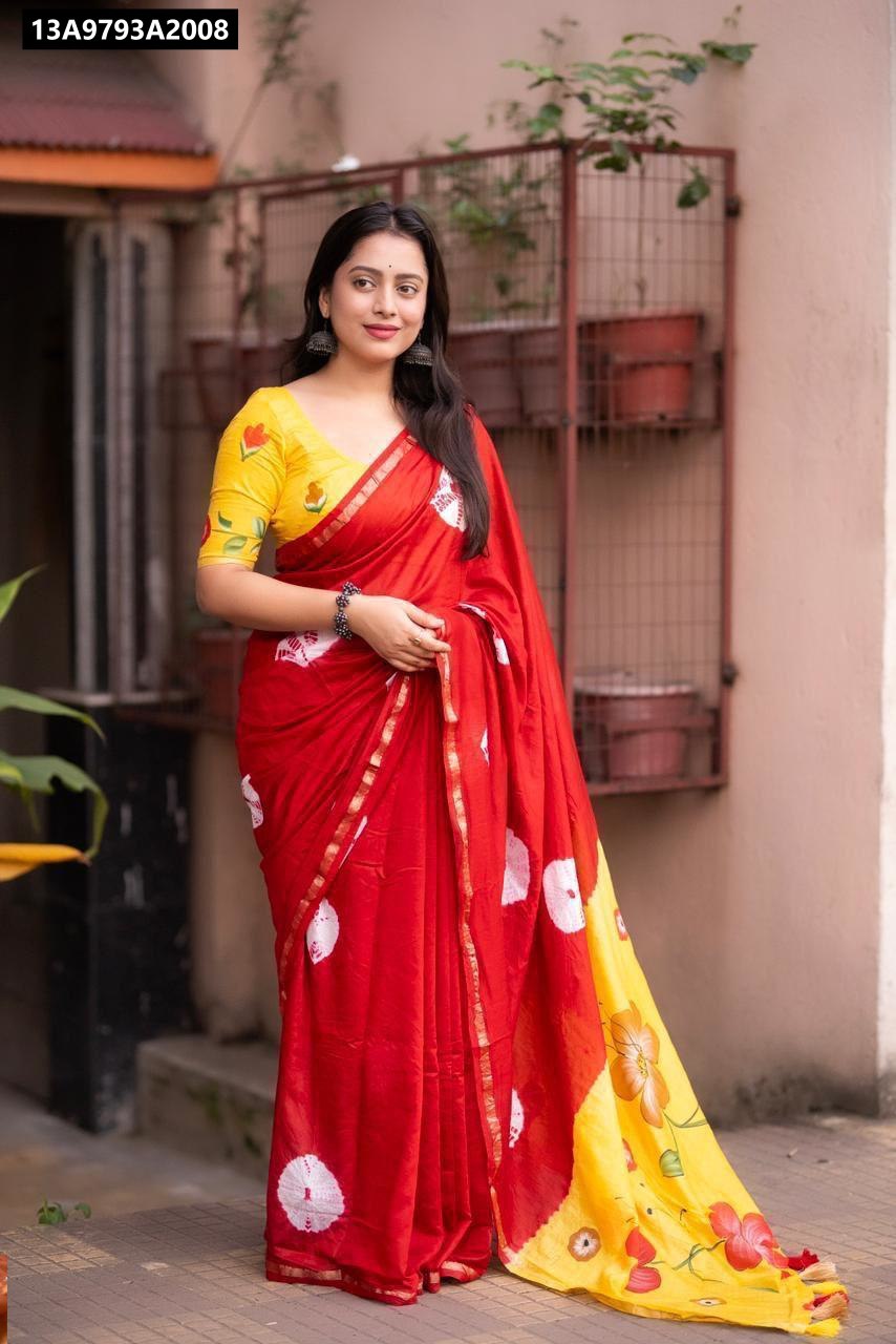 Elegant model showcasing a Red & Yellow Chanderi Cotton Saree, featuring tie-dye batik and hand-painted pallu, paired with a matching blouse.