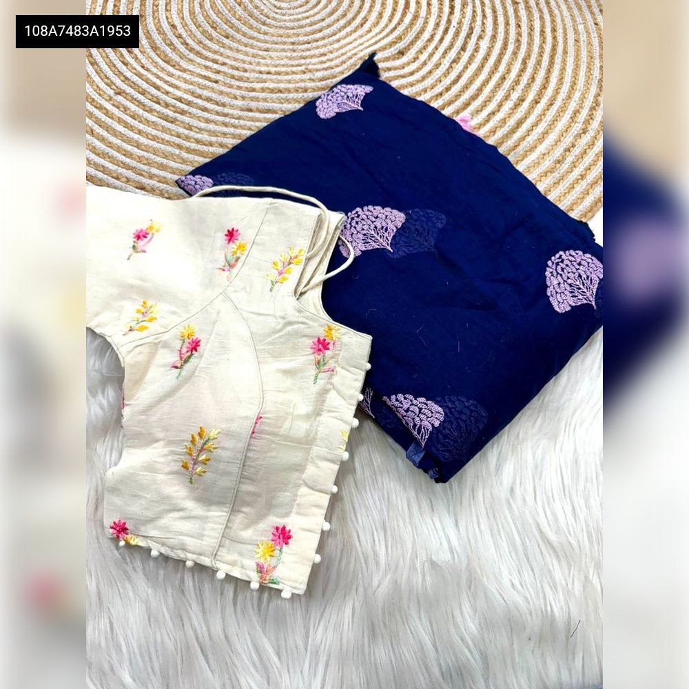 TRENDBUY Navy Chanderi Cotton Silk Saree with embroidered pure cotton blouse flat lay