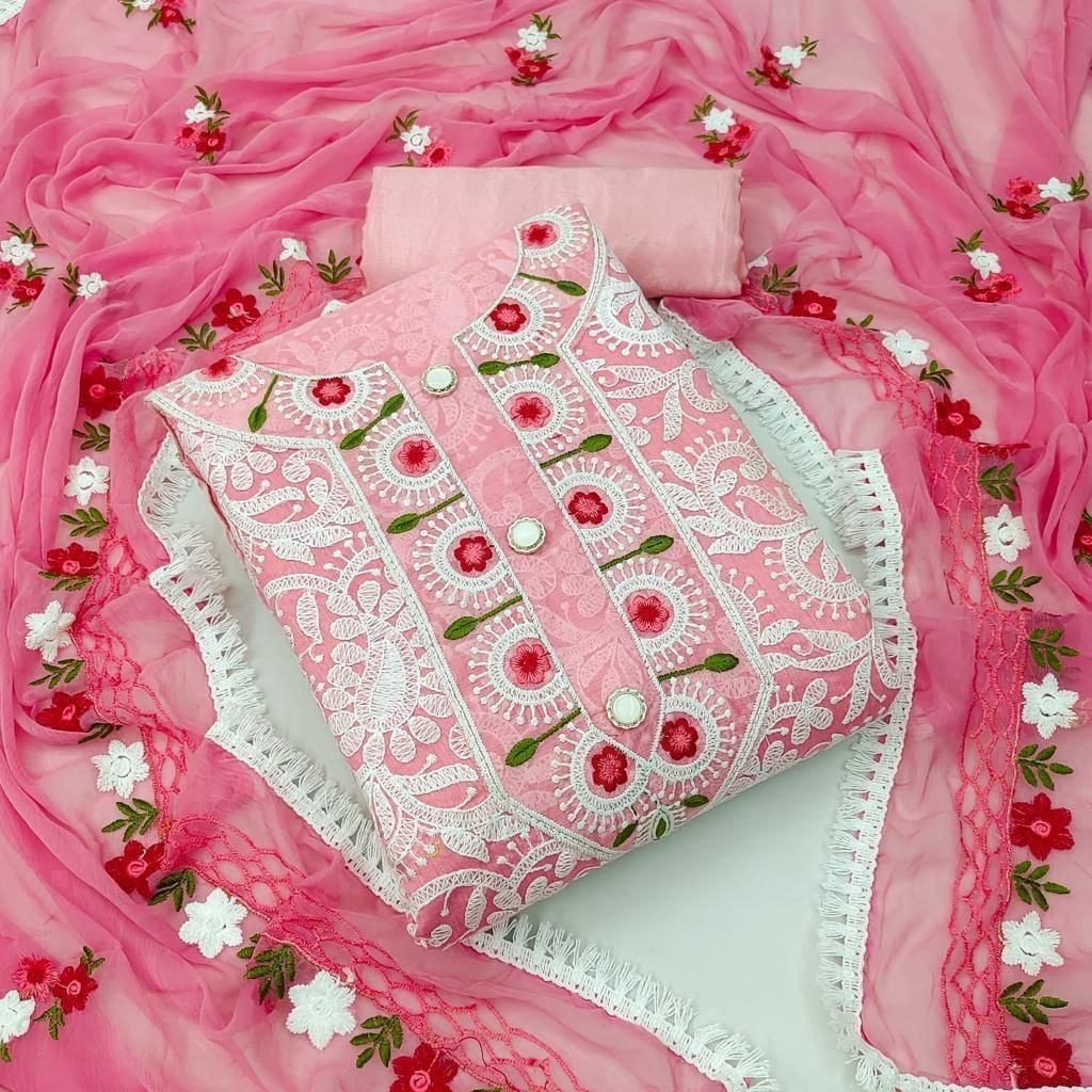 TRENDBUY Chanderi Embroidered Suit Set in Pink, folded view