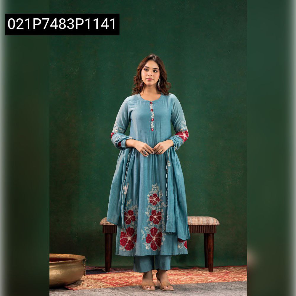 Women's Aqua Blue Chanderi Silk embroidered suit set with dupatta, full body model shot, front view.