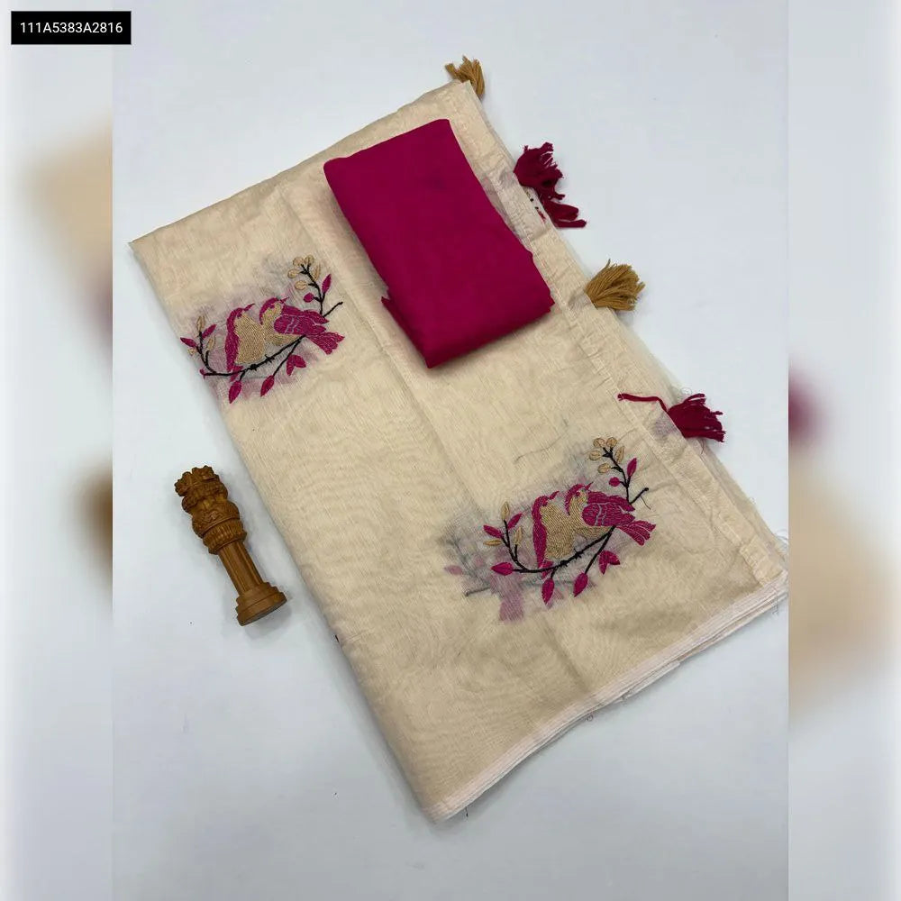 Cream Chanderi silk saree with pink bird embroidery and contrast pink blouse piece, displayed as a flat lay.