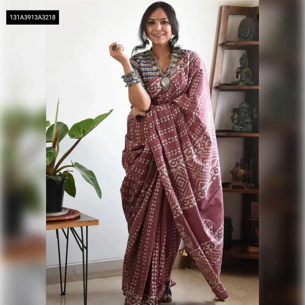 TRENDBUY Chandri Cotton Digital Print Saree in Burgundy with intricate patterns, worn by a smiling model.