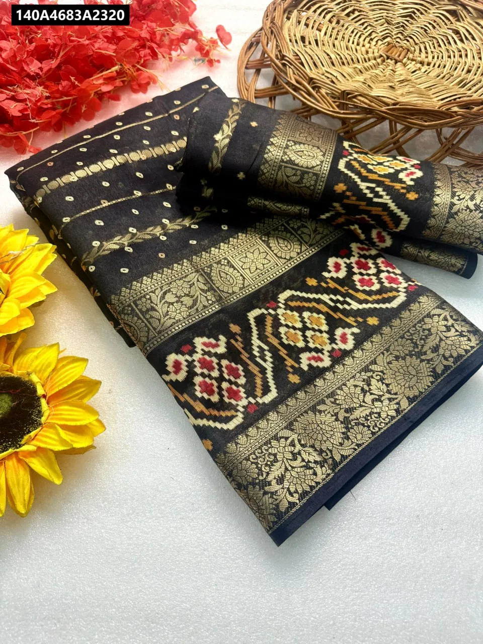 Elegant Black Charvi Cotton Silk Bandhej Saree with Jari Patta and Blouse Piece