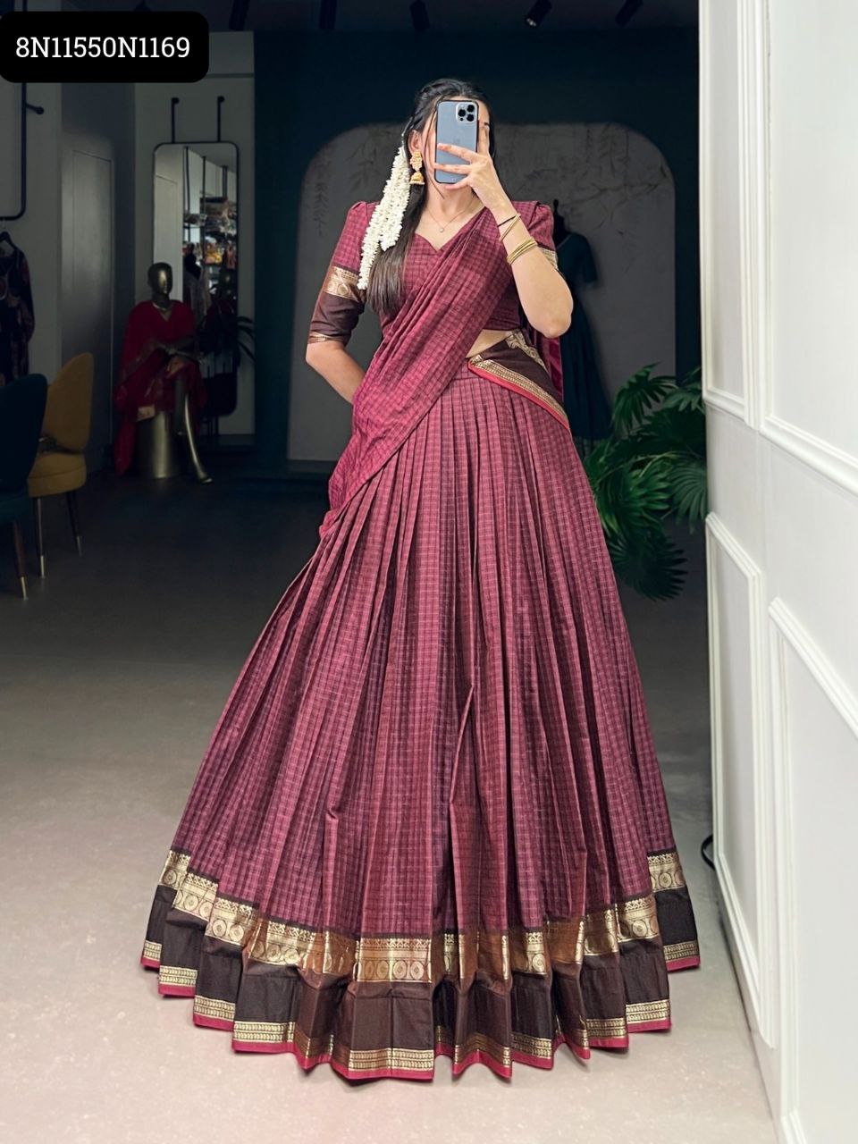 TRENDBUY Chettinad Cotton Lehenga in Burgundy with Zari Weaving - Full Body Front View