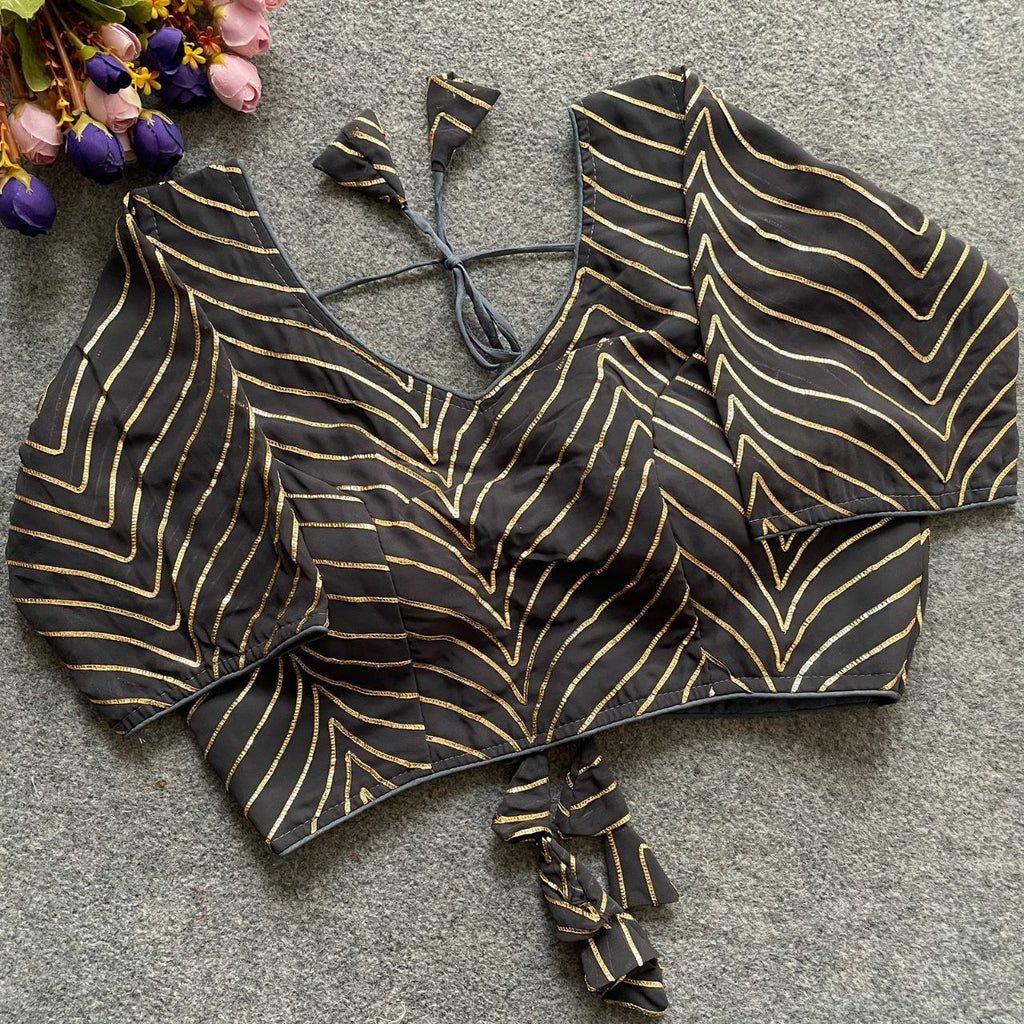 TRENDBUY Black Georgette Gota Patti Blouse with Gold Chevron Design