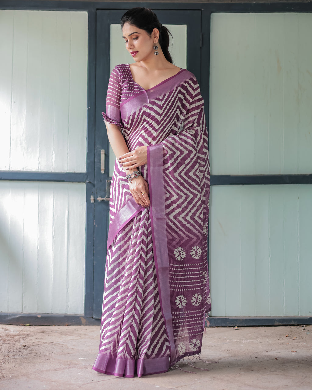 Elegant Women's Purple Chevron Linen Saree with floral motifs, full view