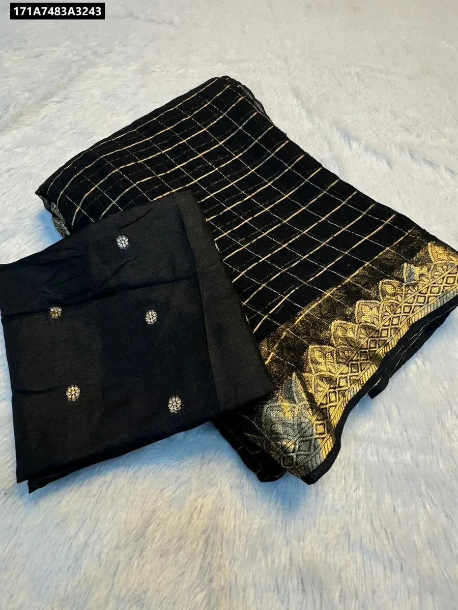 TRENDBUY Chex Viscose Georgette Saree in Black with Jacquard Blouse