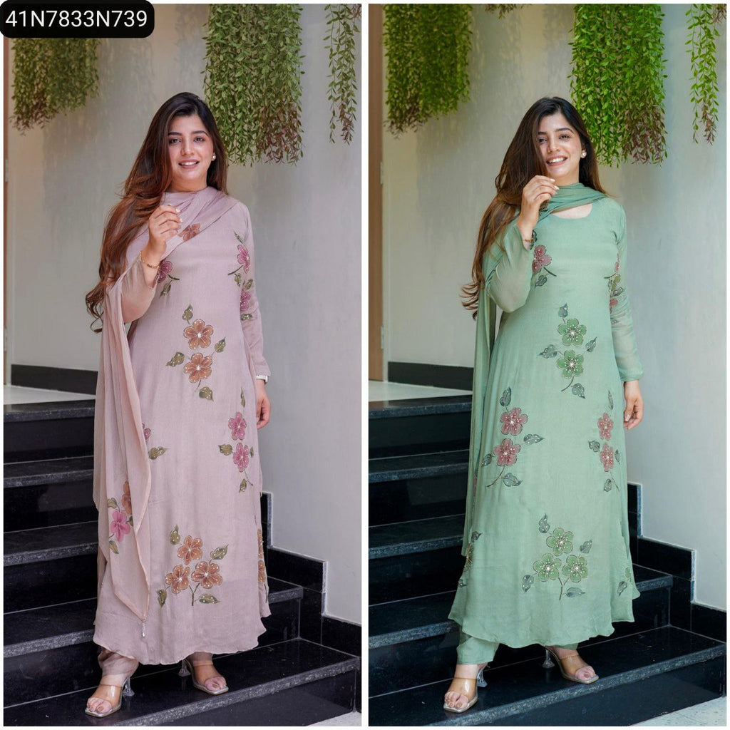 Full body shot of a woman posing in a lavender A-line Chinon silk kurti set with floral digital prints and diamond work.