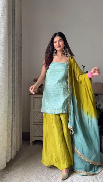 Chic Chinon Silk 3-Piece Kurti Set for Women | Festive & Party Wear