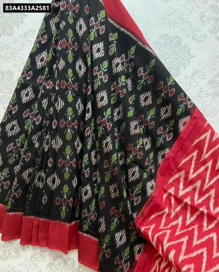 TRENDBUY Black and Red Digital Print Linen Saree with Ikat Pattern