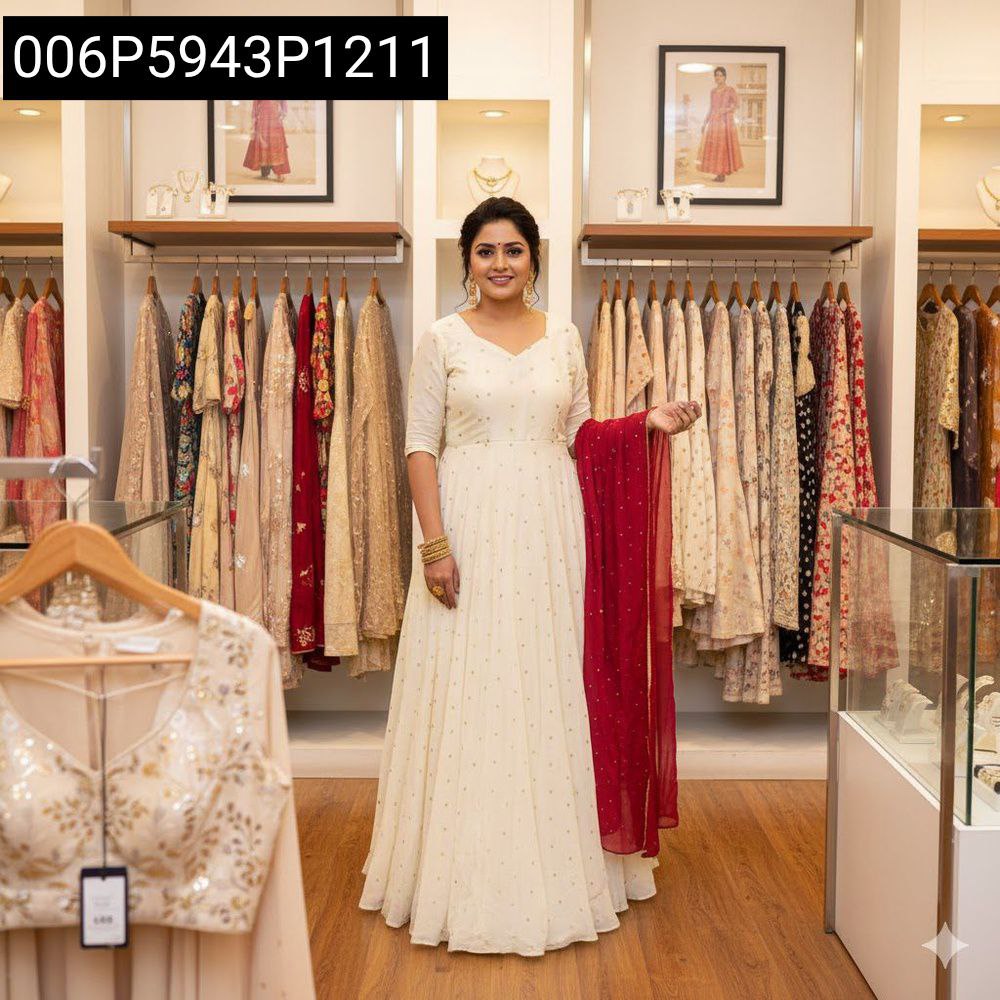 Full shot of a smiling woman in a cream embroidered Anarkali gown with a red sparkling Georgette dupatta, posing in an ethnic wear store.