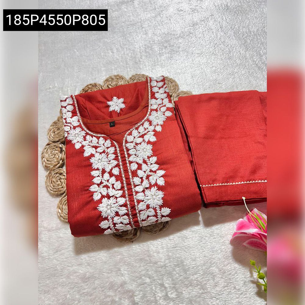 Folded Red Vartican Silk kurti set with white floral embroidery and matching pant
