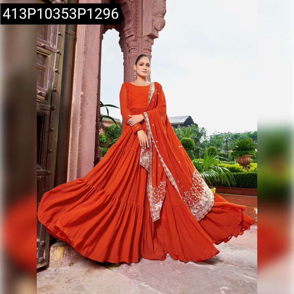 Elegant Rust Faux Blooming Gown with embroidered dupatta for women, full body pose