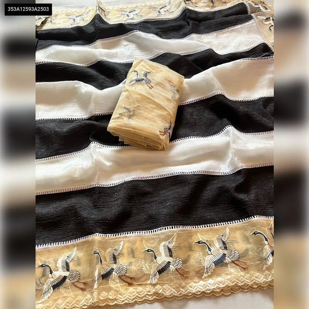 TRENDBUY Fenday Crush Striped Saree with Kalamkari Print Border and Blouse, flat lay on white background