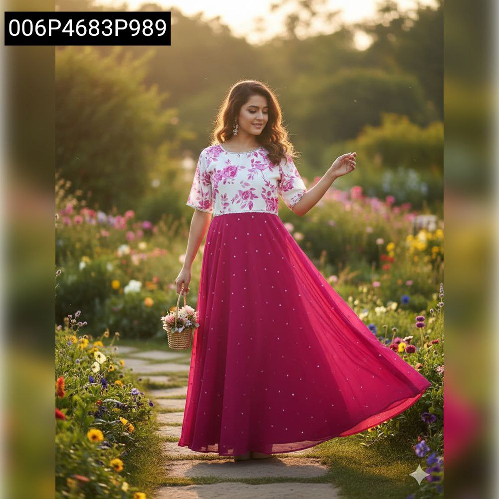 Stunning model gracefully walking in a beautiful garden, wearing the Fuchsia Floral Flare Women's Maxi Dress and carrying a flower basket.