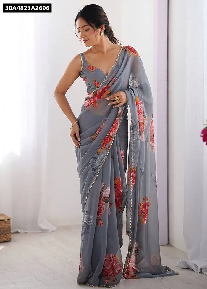 Model showcasing a full-body view of the Smoke Grey Floral Printed Georgette Silk Saree with Moti Lace Border by TRENDBUY.