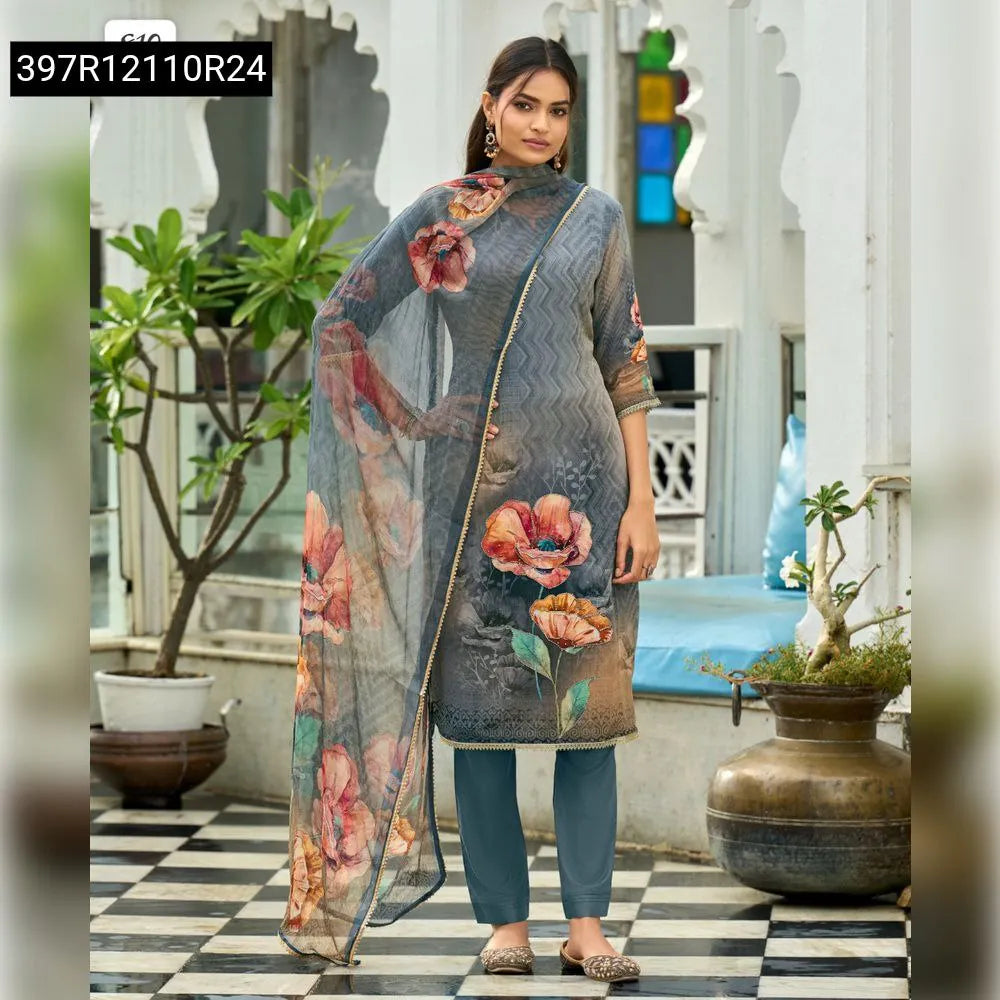TRENDBUY Floral Handwork Crepe Kurta Set in Slate Blue