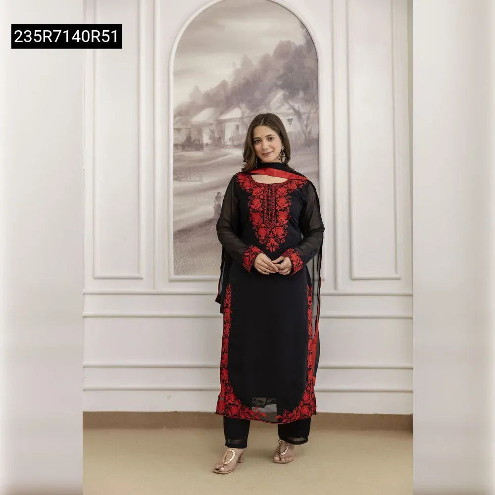 TRENDBUY Model wearing Black Fox Blooming Georgette Embroidered Kurta Set, full body front view