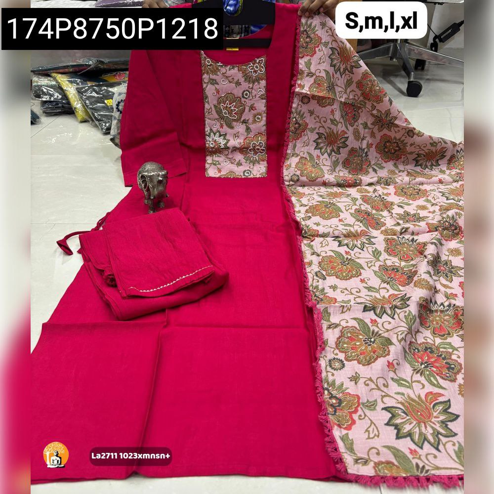 Hot Pink Ghamti Print Hand Work Maslin Kurta Set with floral dupatta