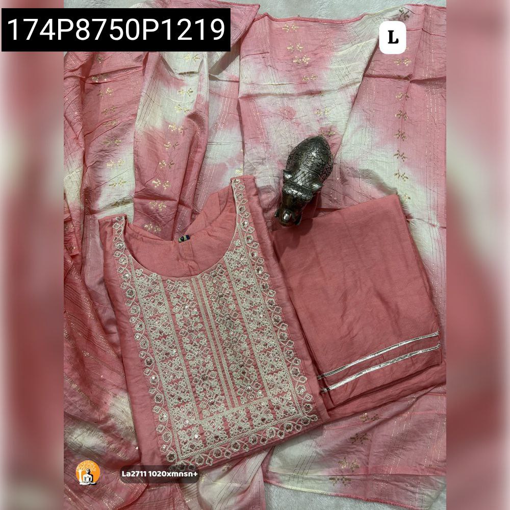Blush Pink Mashlin Silk Kurti Pant Dupatta Set with Hand Work Embroidery