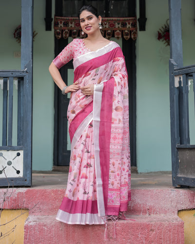 Chic Pink Nature Print Linen Saree for Women's | Festive & Casual by TrendBuy