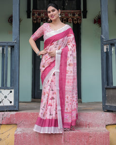 Chic Pink Nature Print Linen Saree for Women's | Festive & Casual by TrendBuy