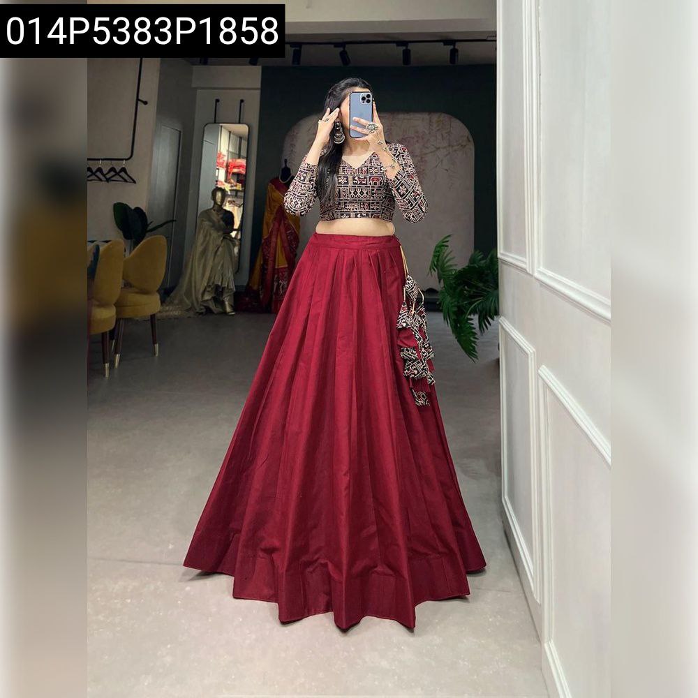 TRENDBUY Chic Printed Blouse and Plain Cotton Lehenga Set in Maroon with Black Blouse - Front view model