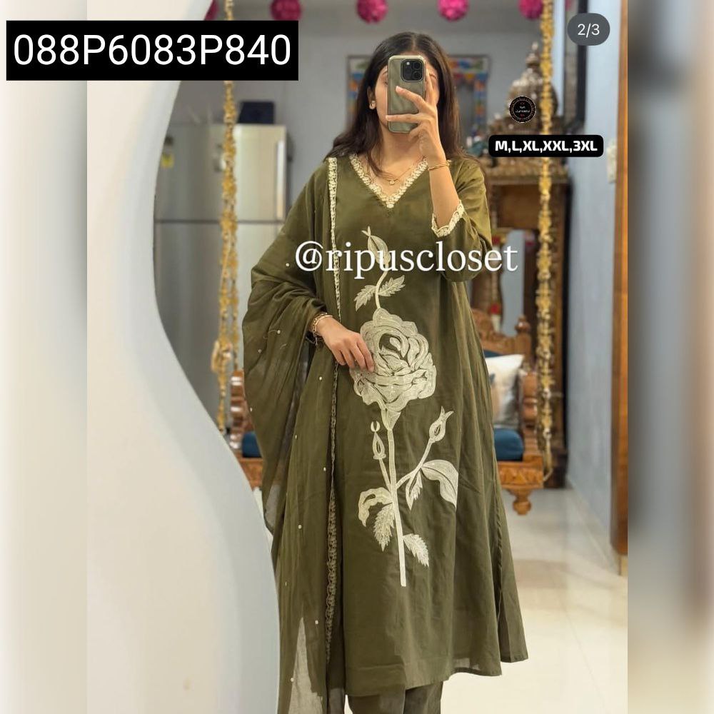 Model wearing Women's Olive Green Flared Kurta Set with elegant white rose embroidery and matching dupatta.