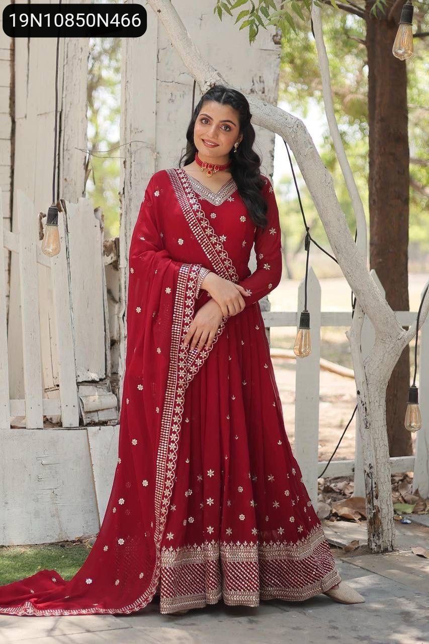 Elegant Women's Maroon Anarkali Gown with Dupatta, Sequin Embroidery
