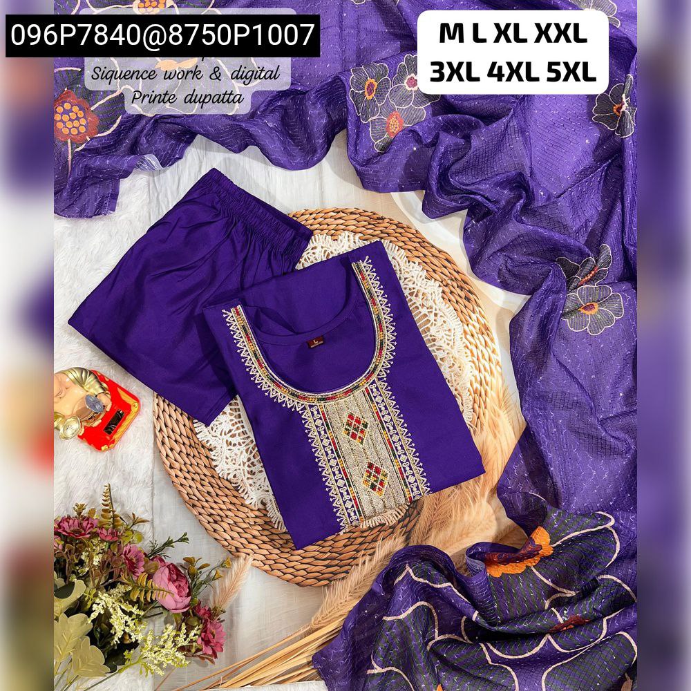 Purple Kurta Pant Set with Digital Print Dupatta and Heavy Hand Work on a braided mat.