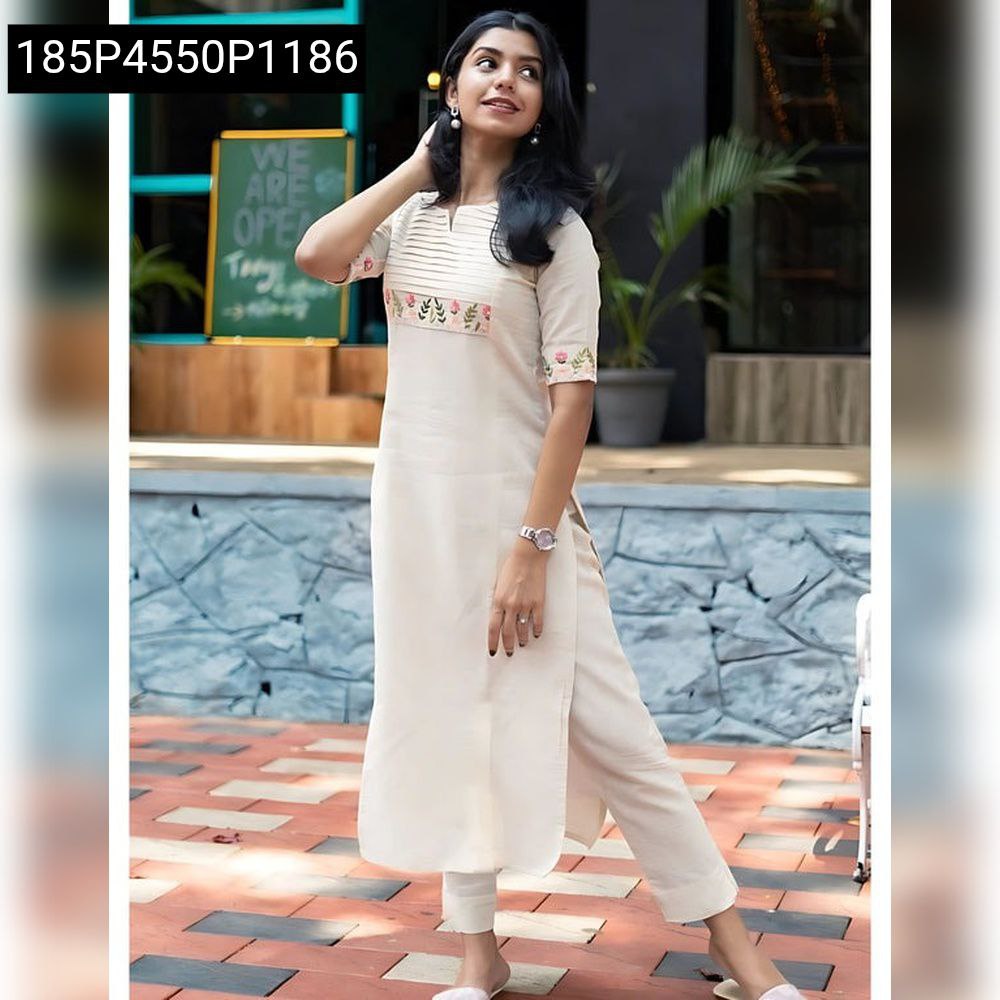Chic Women's Premium Cotton Embroidered Kurti Pant Set - Front View